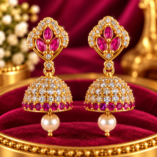 Ornate Ruby Lotus CZ Pearl Gold Jhumka Earrings