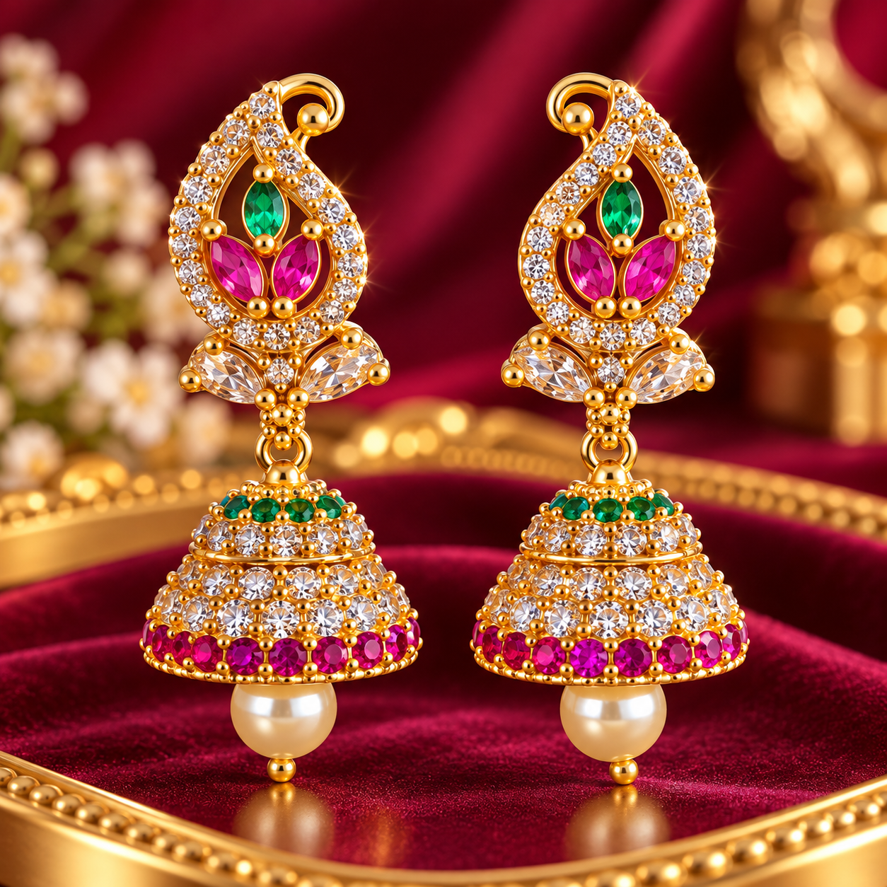 Navratna Style Paisley Multi-Stone CZ Pearl Gold Jhumka Earrings