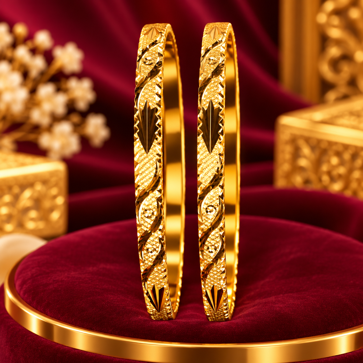 Ornate Leaf Pattern Gold-Tone Bangles – Pair