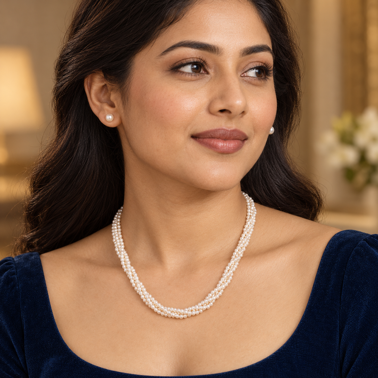 Classic Three-Strand Fresh Water Pearl Necklace with Matching Stud Earrings Set