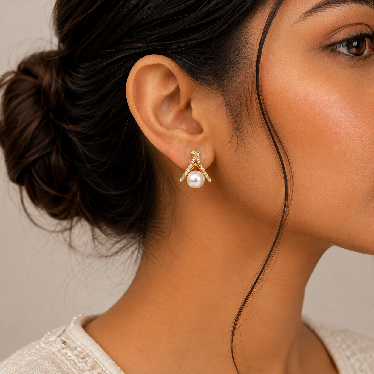 Crystal V Pearl Gold-Tone Stud Earrings