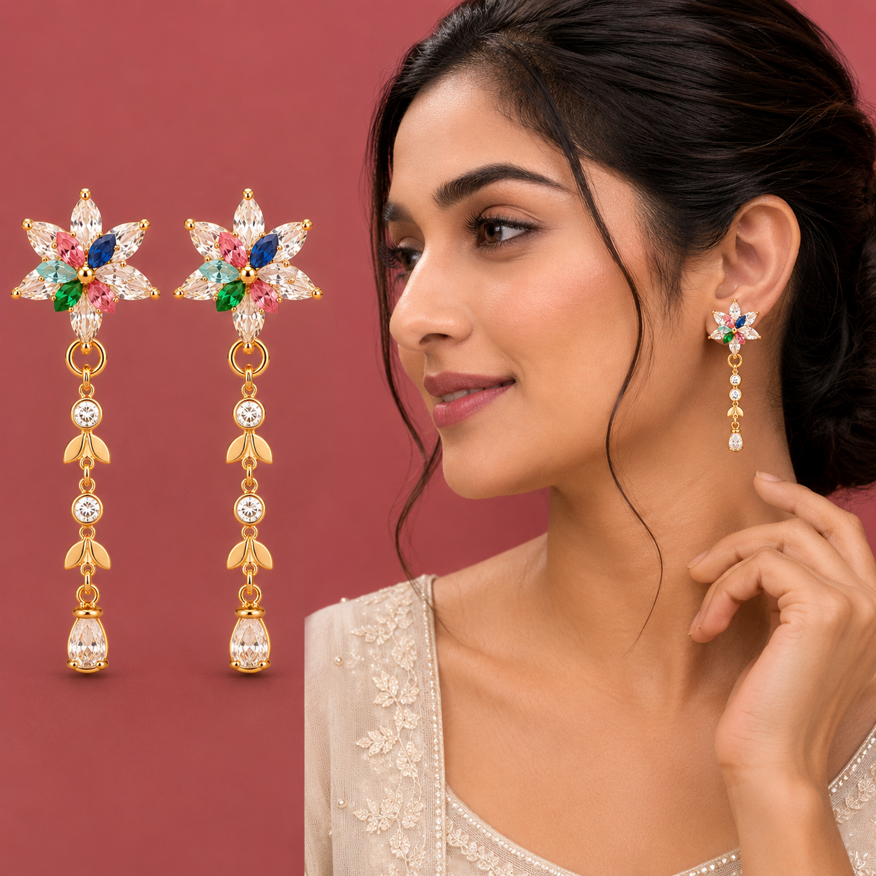 Multicolour Crystal Flower Tassel Earrings