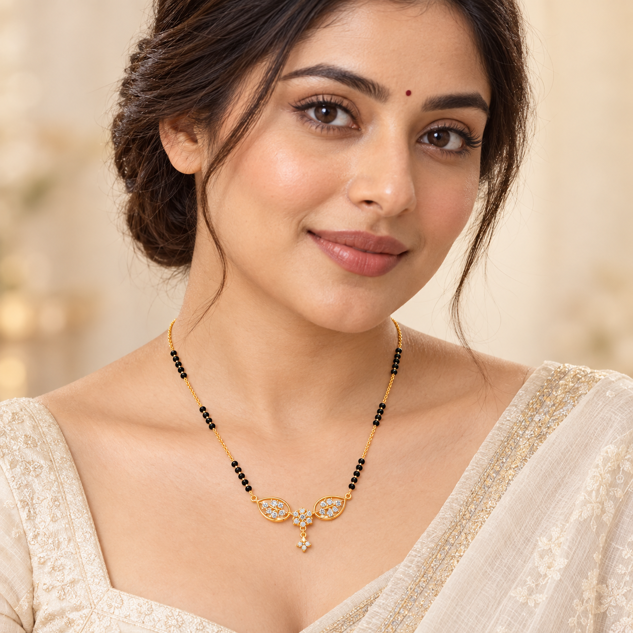 Royal Floral Wing CZ Gold Mangalsutra with Drop Accent