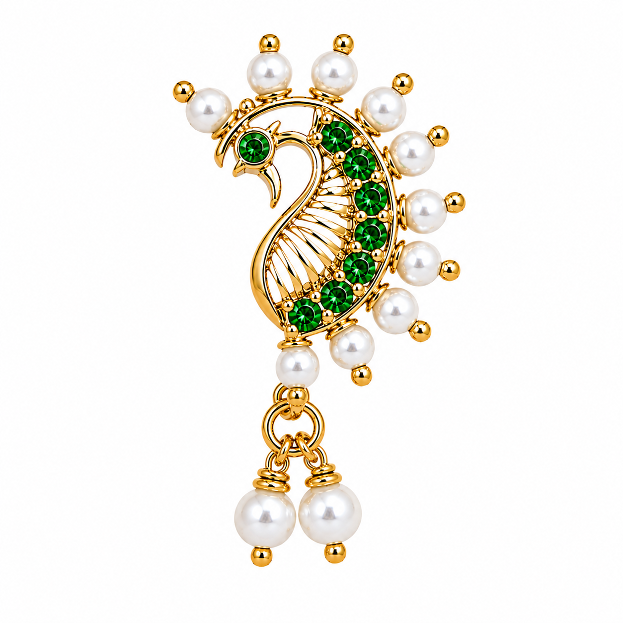 Green Stone Peacock Nose Ring with Pearl-Style Drops
