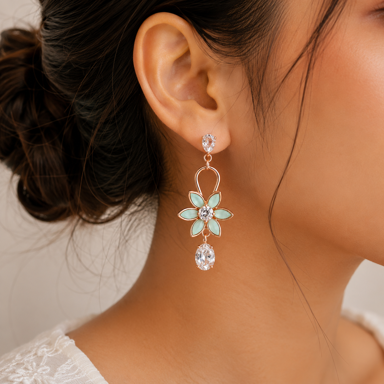 Mint Blossom Crystal Drop Rose-Gold-Tone Earrings