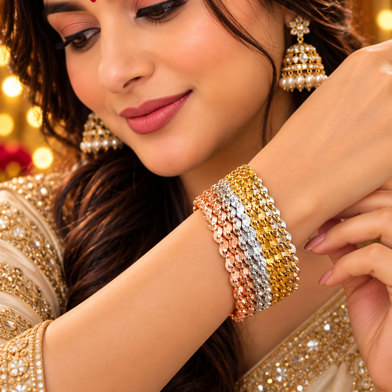 Three-Tone Curved Link Bangle Stack