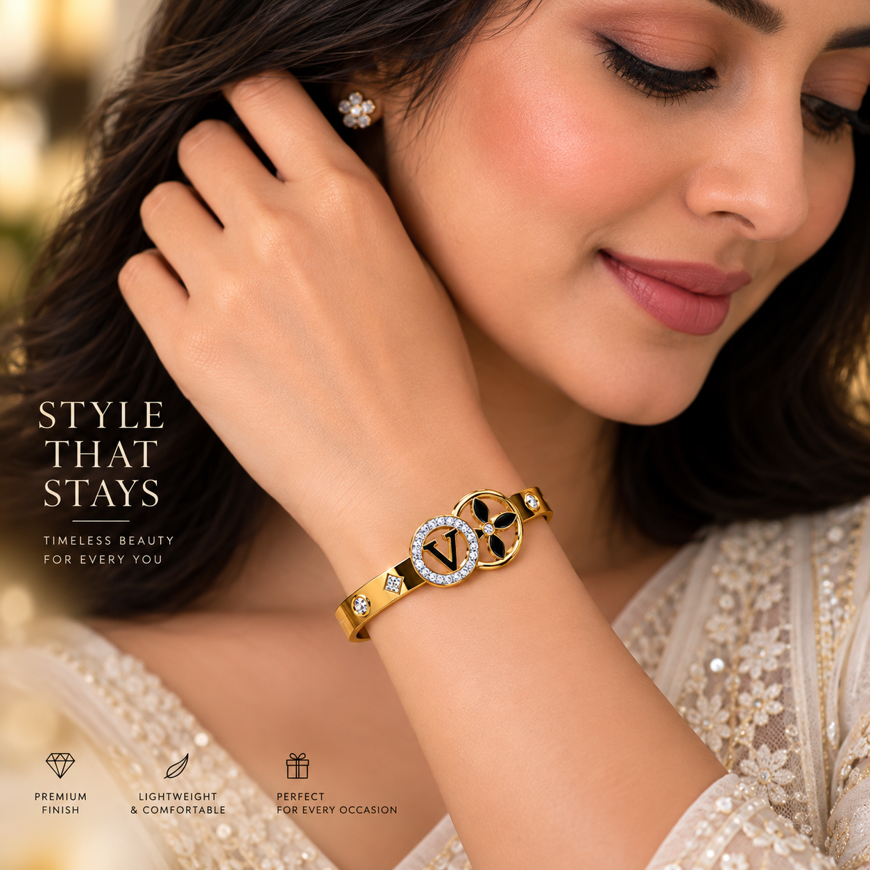 Golden V-Monogram Black Floral Crystal Bracelet