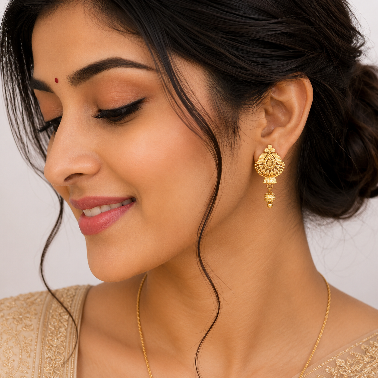 Traditional Gold-Tone Temple Motif Drop Earrings