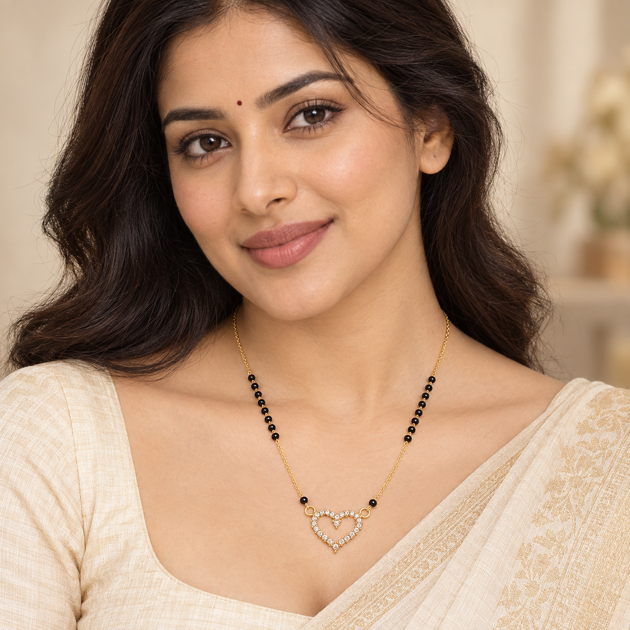 Romantic Open Heart CZ Gold Mangalsutra