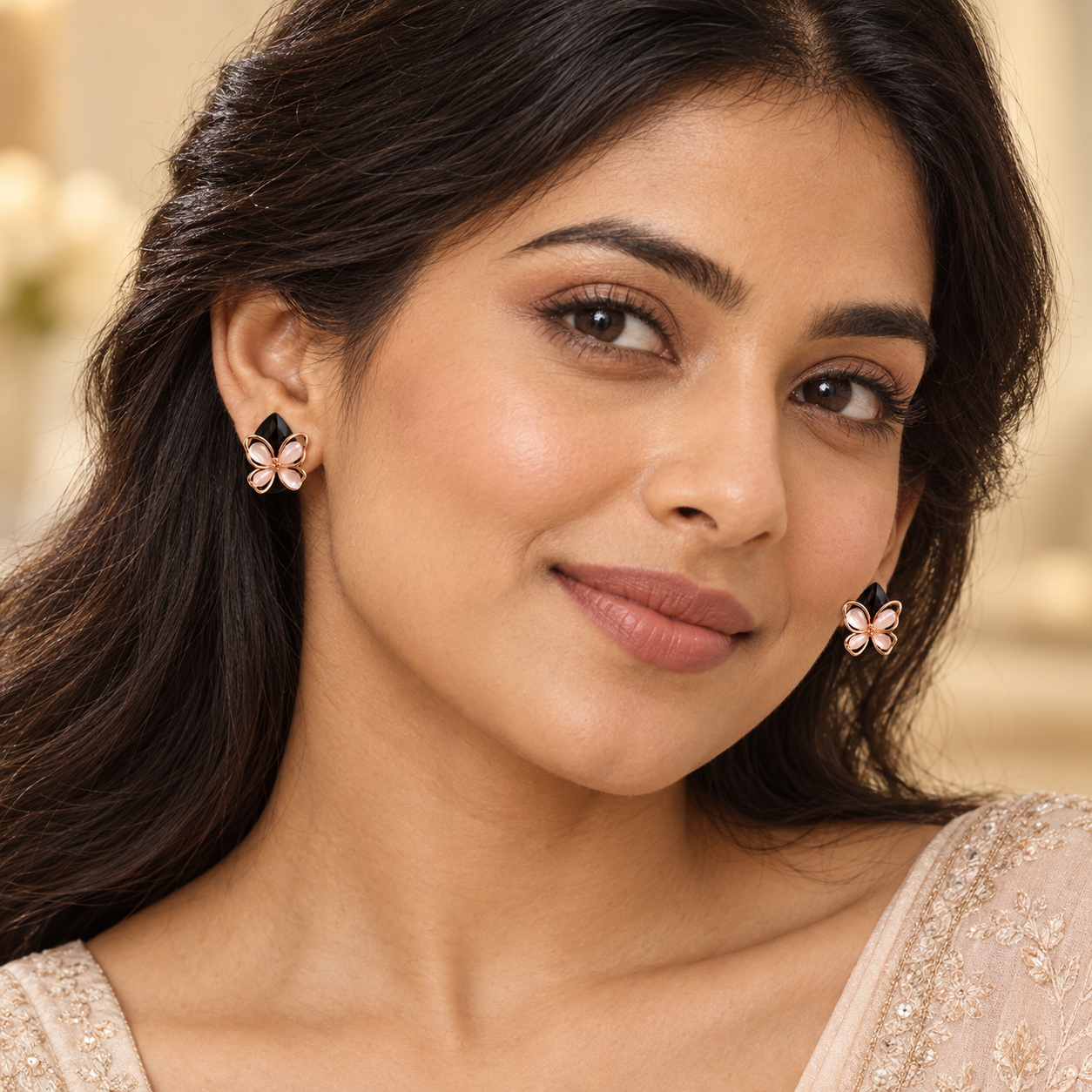 Blush Pink & Black Onyx Dual-Layer Butterfly Stud Earrings