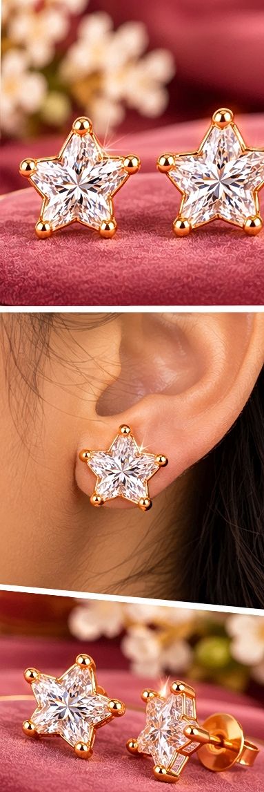Celestial Crystal Star Solitaire Gold Stud Earrings