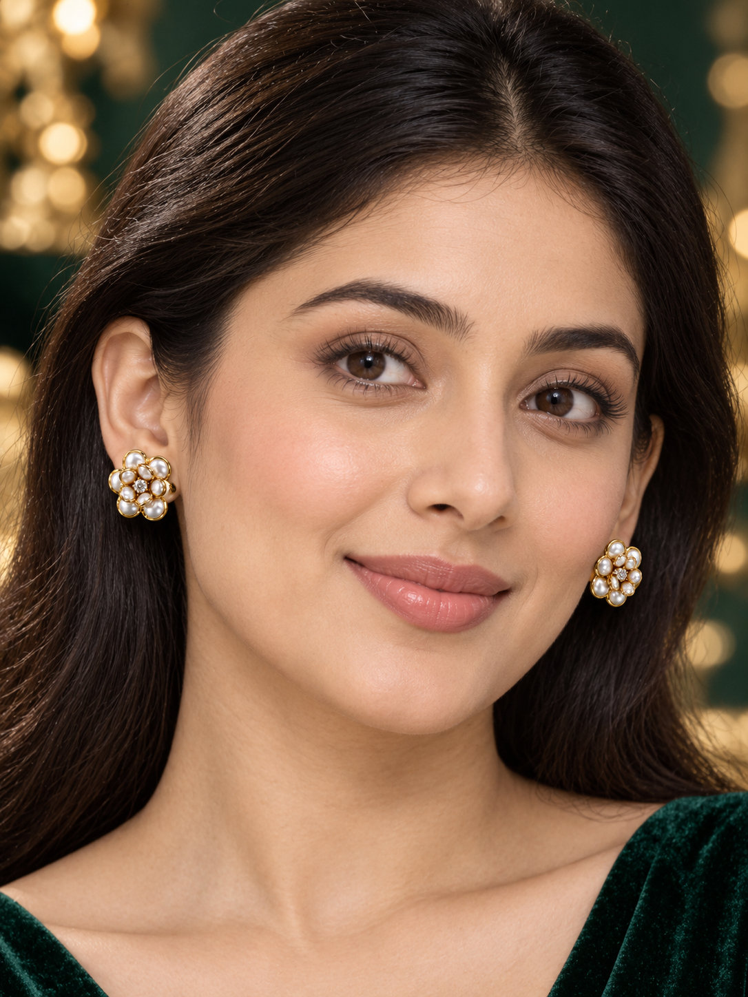 Radiant Pearl Petal Floral Gold Stud Earrings