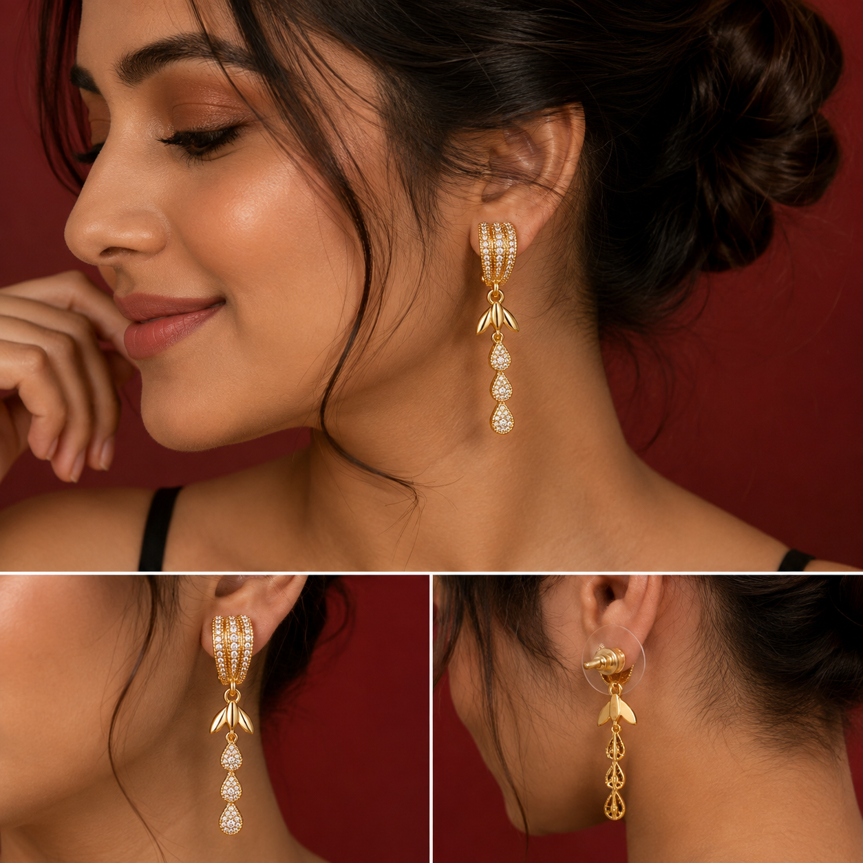 Triple Teardrop Crystal Gold-Tone Earrings