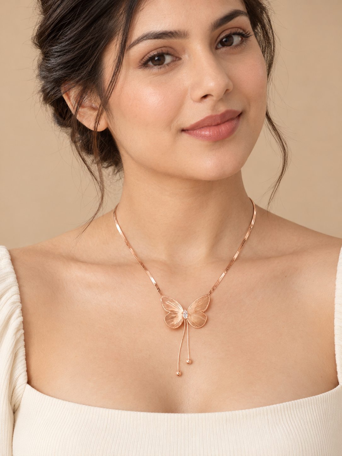 Elegant Rose Gold Textured Butterfly Pendant Necklace